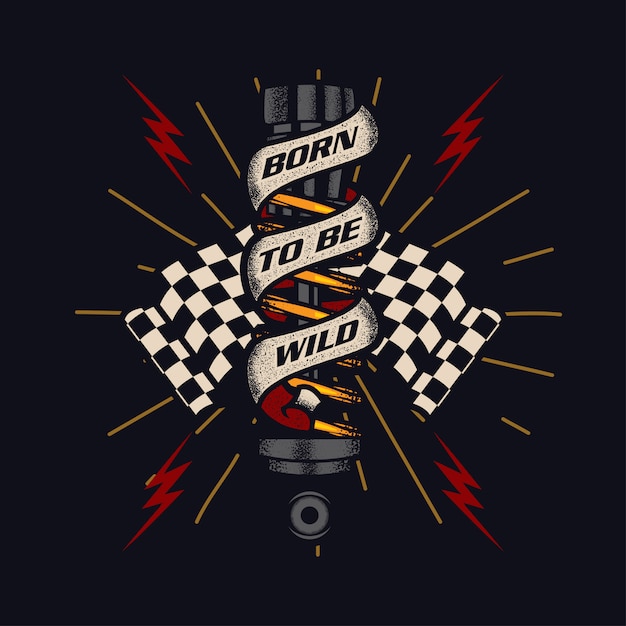 Emblema del motociclo dell'annata rustico e grunge con nastro ammortizzatore e bandiera a scacchi