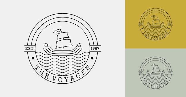 ヴィンテージヨットのロゴ 帆船のボイジャーレトロ 円形のロゴはボートと