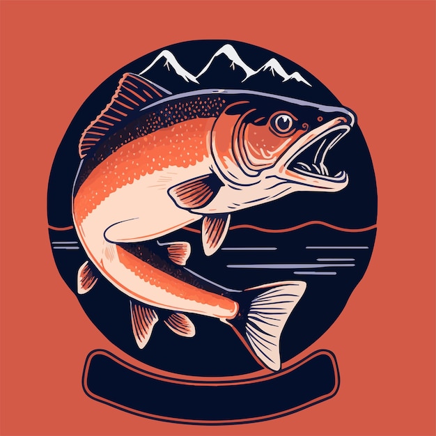 Illustrazione di pesca al salmone d'epoca per mascotte o poster con emblema del logo