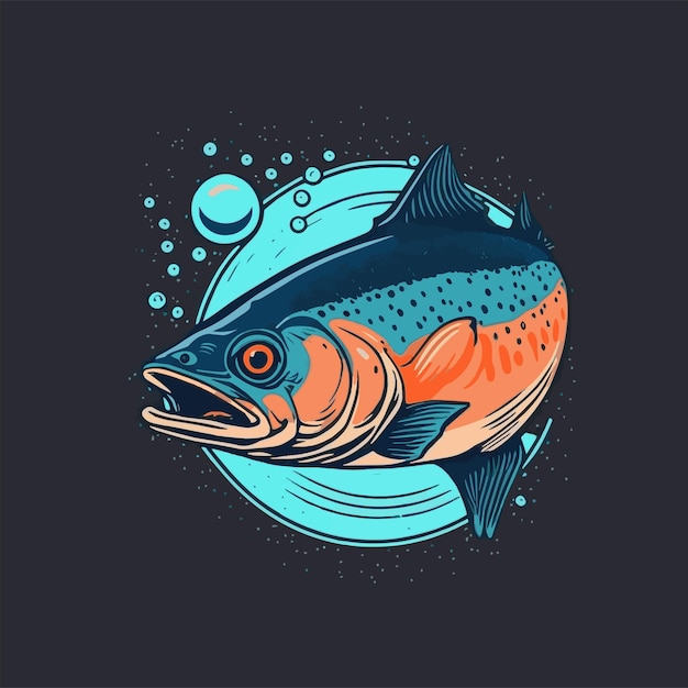 Illustrazione di pesca al salmone d'epoca per mascotte o poster con emblema del logo