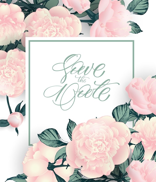 Vintage save the date with peonies. wedding invitation design. hand drawn illustration. vector template