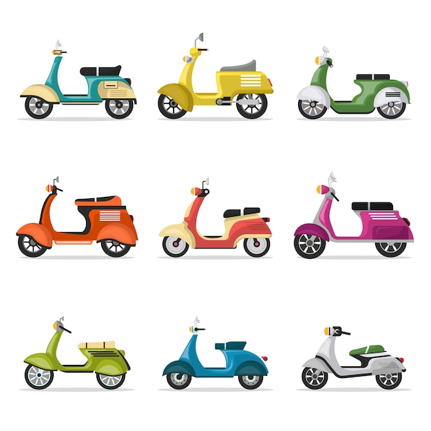 Vector vintage scooters set isolated on white