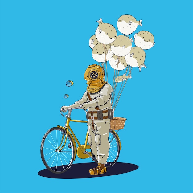 Vintage Scuba Diver Selling Puffer Fish Balloon Illustration