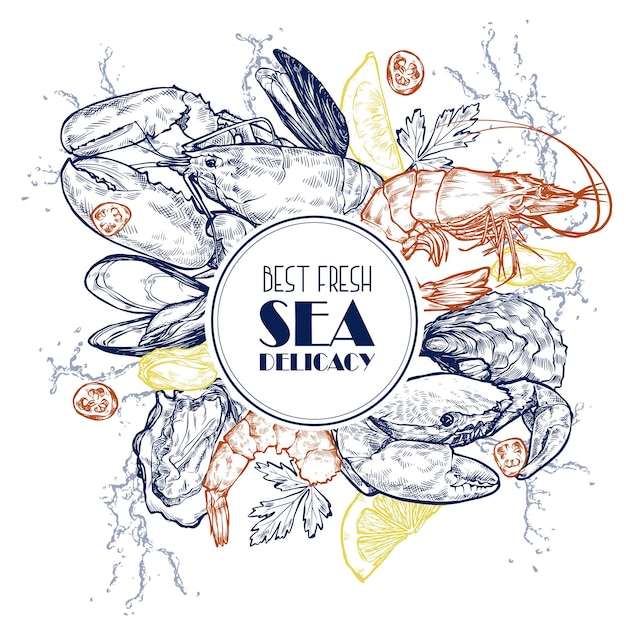 Vector vintage sea food frame vector illustration with shrimp lobster crab oysters herbs and lemon