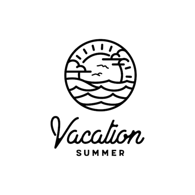 Vector vintage sea ocean wave with sun birds for summer beach vacation label stamp logo design