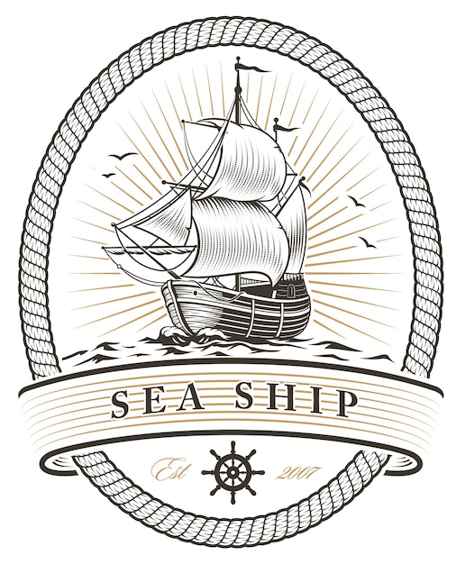 Vector vintage sea ship emblem on white background.