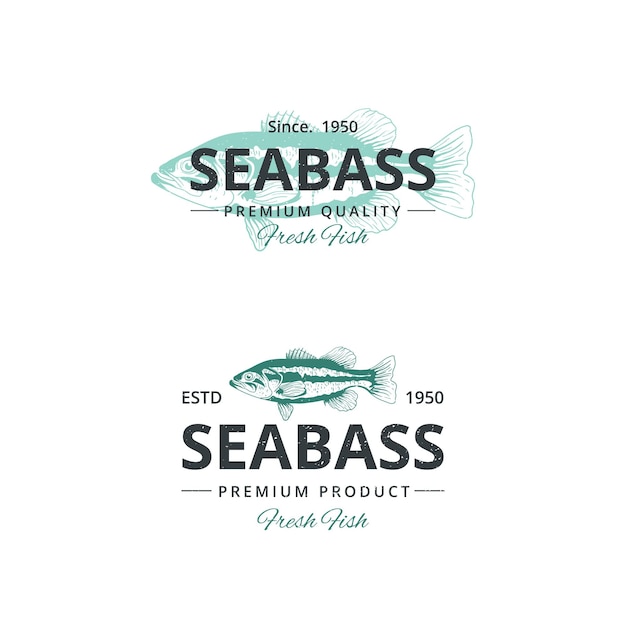 Modello di logo di pesce spigola vintage per ristorante