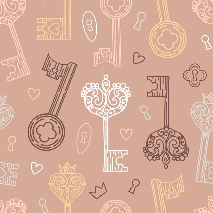 Vector vintage seamless pattern of keyholes and locks in gothic style filigree heart with crown floral motif leaves and herbs magical items fantasy boho halloween valentines day witchcraft