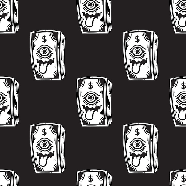 Vintage seamless pattern of monster money on black background