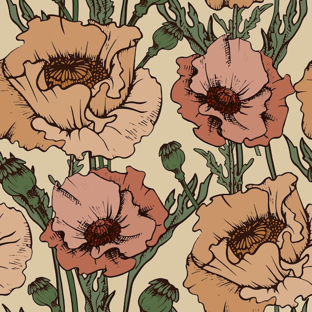 Vintage seamless pattern. Poppy flowers, leaves, poppy heads on a light background. Delicate aged colors: beige, powdery, yellow-green.