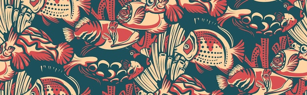 Vector vintage seamless pattern with coral reef, fish on a nautical theme. ideal for textile printing, wallpaper and packaging