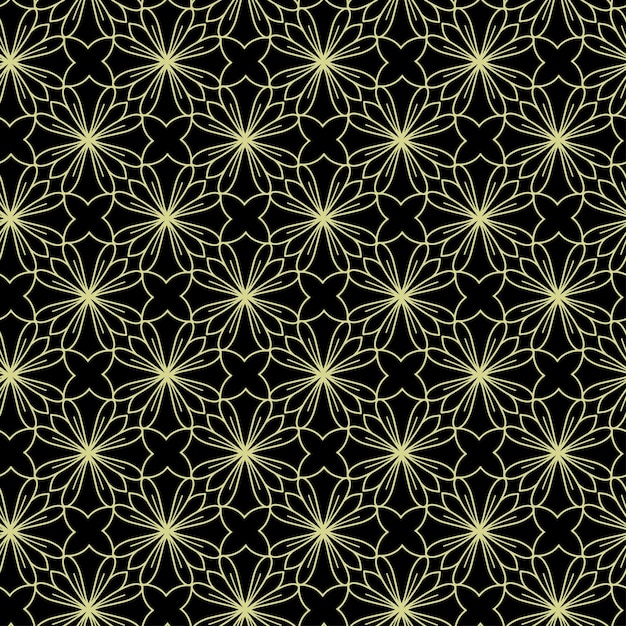 Винтажный бесшовный рисунок с золотыми цветами на черном фоне для текстильного и бумажного дизайна. Векторная иллюстрация