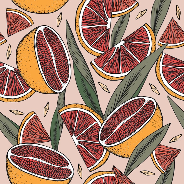 Vintage seamless pattern with grapefruits and leaves. Slices and halves of citrus fruits