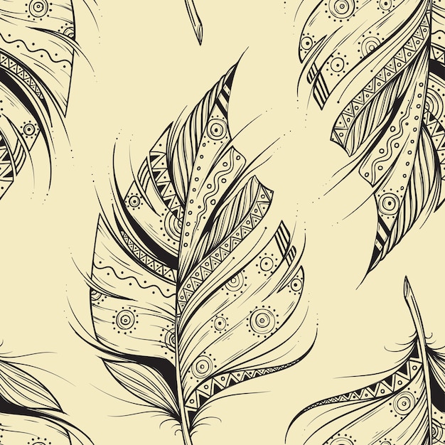 Vintage seamless pattern with handdrawn feathers vector illustration