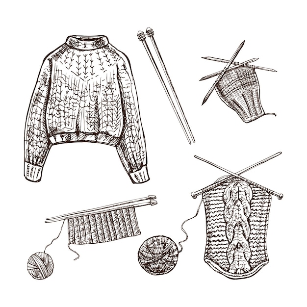 Винтажный набор нарисованных вручную трикотажных вещей и иконок одежды в стиле эскизной гравировки