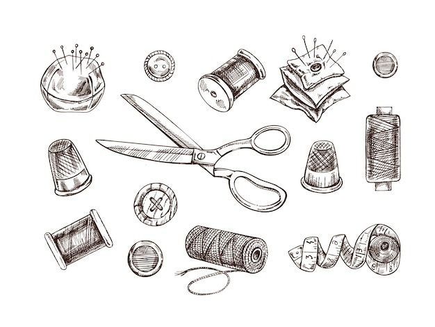 Vector vintage set of hand drawn sewing icons in sketch style