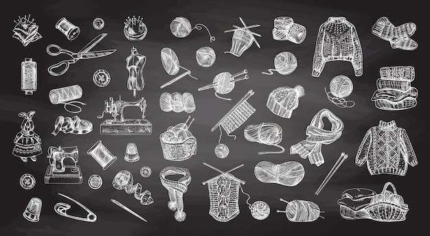 Vector vintage set of hand drawn sewing and knitting icons in sketch style on chalkboard background