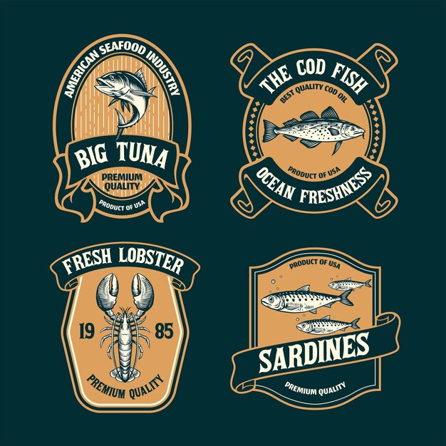 Vintage set of seafood label badge