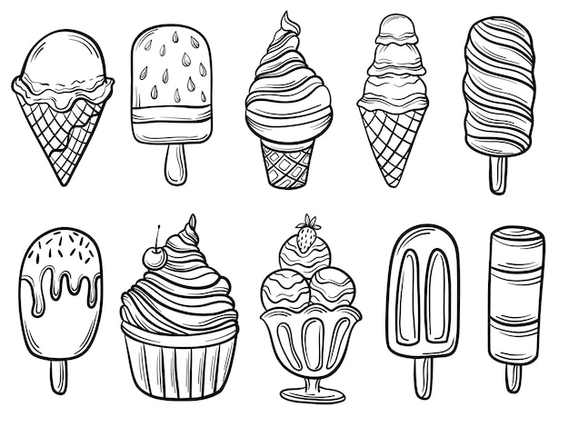 Vintage set of sketch linear drawing of different ice creams on a white background vector