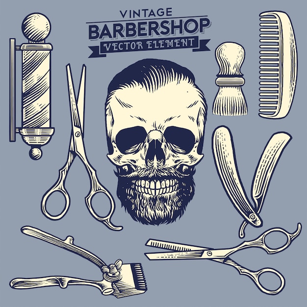 Vintage set of skull barbershop concept