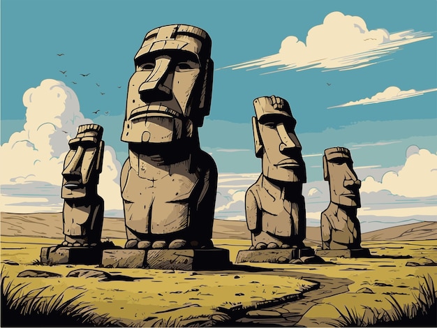 Vintage set of statues of Easter island Moai on Easter island Vector cartoon stone sculptures