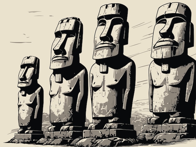 Vintage set van beelden van Pasen eiland Moai op Pasen eiland Vector cartoon stenen sculpturen