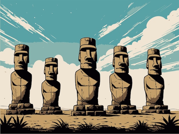 Vintage set van beelden van Pasen eiland Moai op Pasen eiland Vector cartoon stenen sculpturen