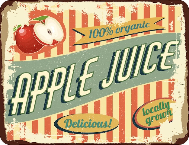 Vintage shabby slightly rusty advertising banner fresh apple juice vector illustration