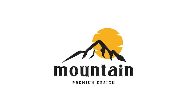 Montagna di forma vintage con disegno dell'illustrazione dell'icona del vettore del logo del tramonto