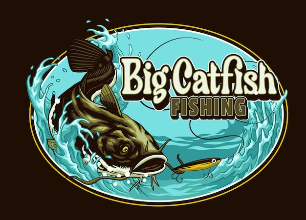 Vintage shirt of big catfish fishing illustration