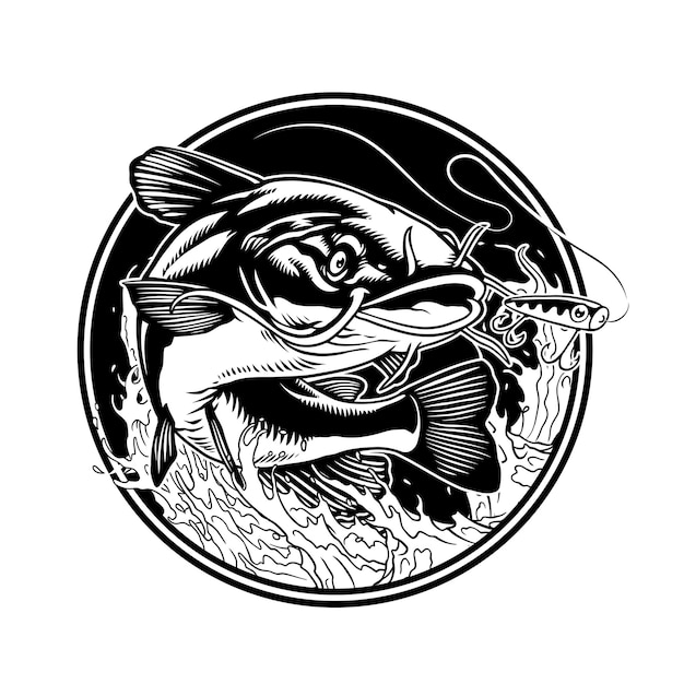 Vector vintage shirt design of big catfish fishing