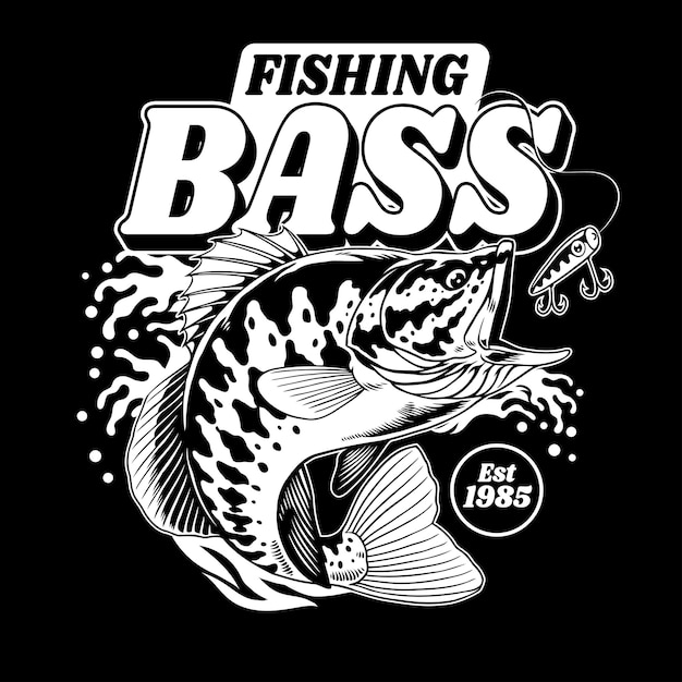 Vector vintage shirt of fishing bass design in black and white