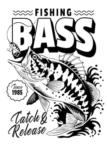 Vintage Shirt of Fishing Bass Hand Drawn Illustration