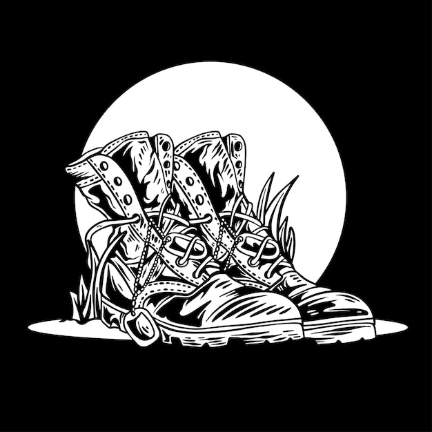 Винтажная обувь ветерана черно-белого векторного искусства
