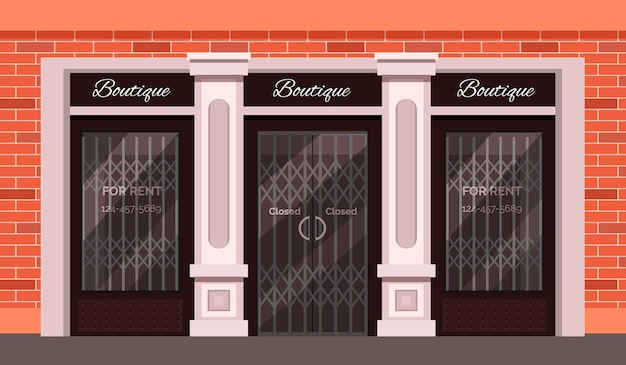 Vector vintage shop store facade with large window columns and brick wall