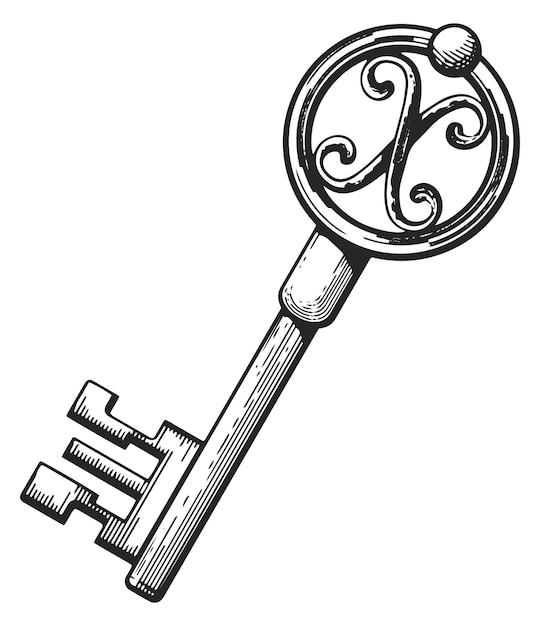 Vector vintage skeleton key hand getekend middeleeuwse filigraan geïsoleerd op een witte achtergrond