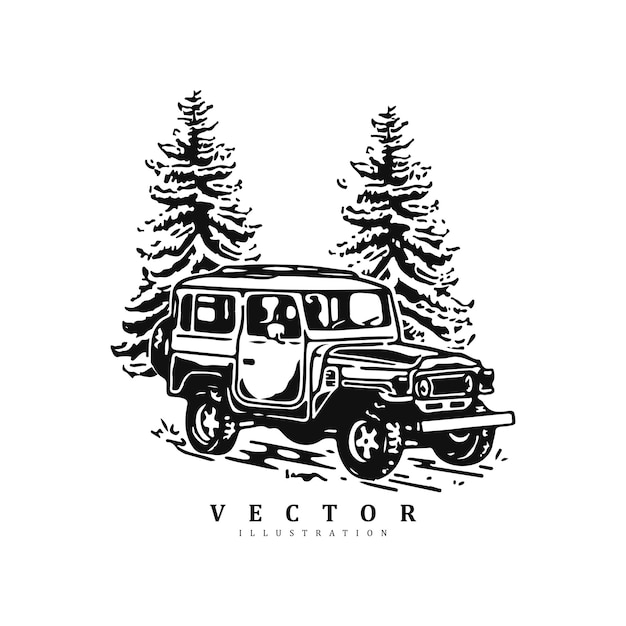 Vintage sketch hand drawn extreme 4x4 car sport in the forest logo design vector