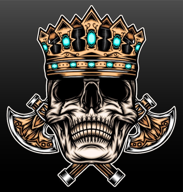 Vector vintage skull crown with ax isolated on black