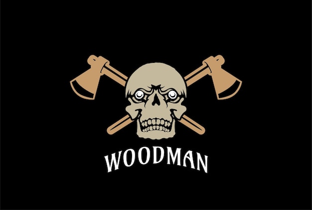 Woodman Lumberjack 목재 로고 디자인을 위한 도끼가 있는 빈티지 해골 머리 얼굴