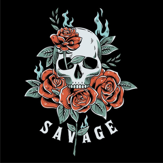 vintage skull head illustration with some burning roses