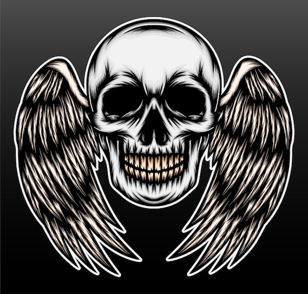 Vector vintage skull head with wing.