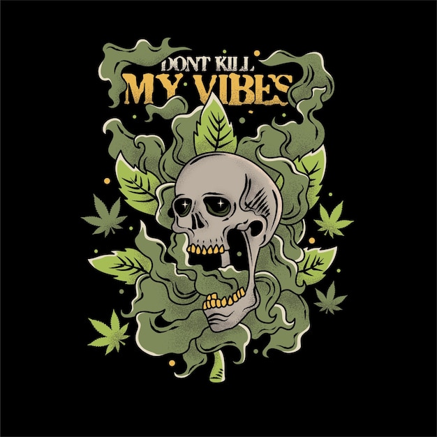 Vector vintage skull illustration with cannabis clouds around