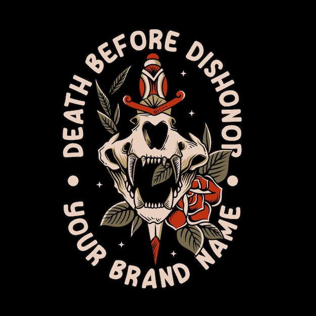 vintage skull with dagger and rose illustration for apparel