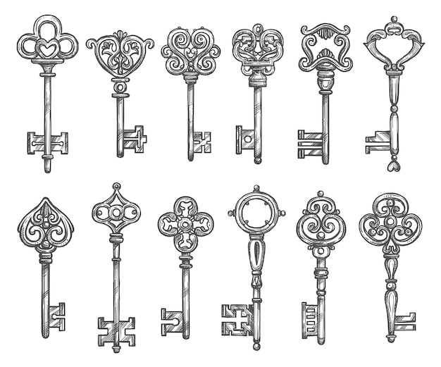 Vintage sleutels vector geïsoleerde pictogrammen schets set