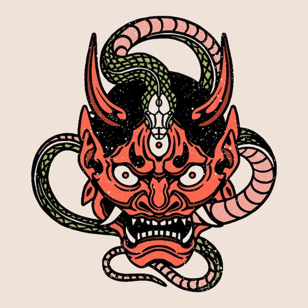 Vector vintage snake japanese demon mask isolated vector illustration