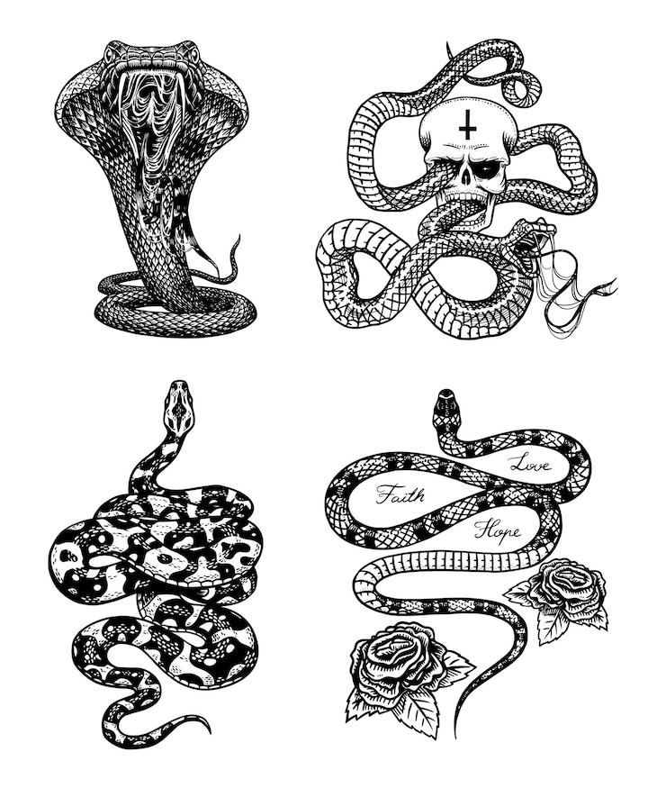 Vector vintage snake set royal python with skull and roses milk reptile venomous cobra poisonous viper for poster or tattoo engraved hand drawn old sketch for tshirt or logo