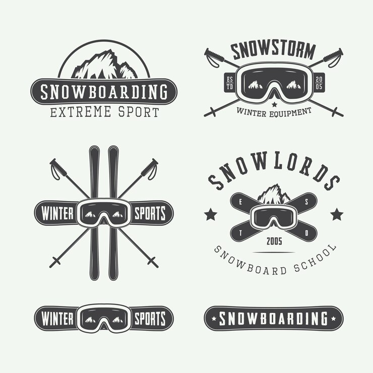 Vector vintage snowboarden of wintersport logo's badges emblemen en ontwerpelementen