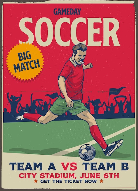 Vector vintage soccer game poster with texture