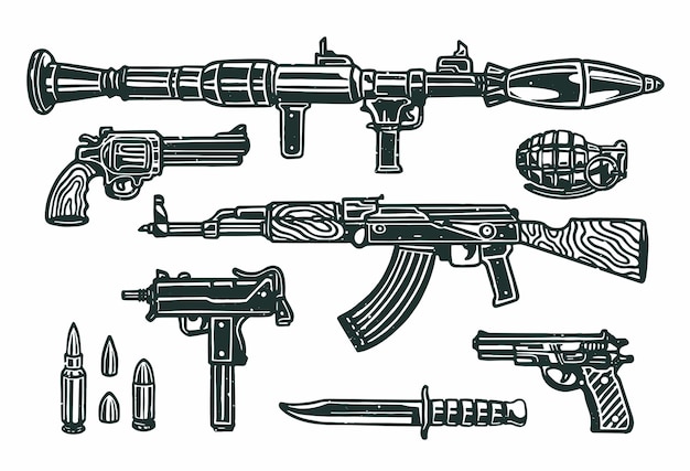 Vector vintage soldier weapons guns, grenade, bullet, and knife isolated vector illustration