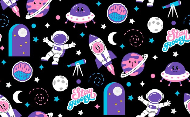 Vintage space pattern with doodle elements telescope rocket ufo flat cartoon style